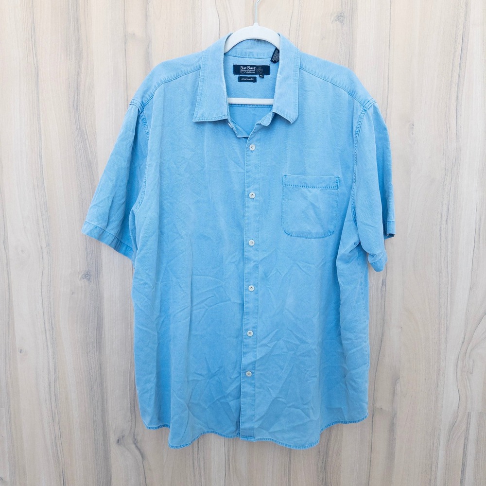 Nat Nast Mens Silk Blend Short Sleeve Shirt XL Blue American Fit Button Down